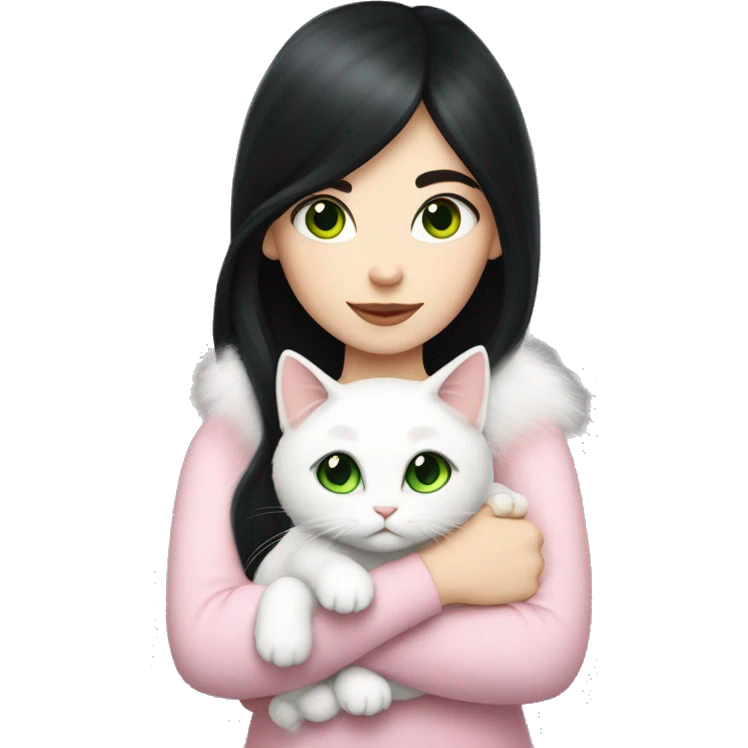 girl with pale skin, very long dark black hair and green eyes and light pink outfit hugging a white fluffy scottish cat emoji