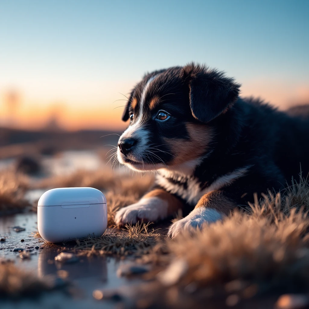 cinematic still of a airpods around puppy emoji
