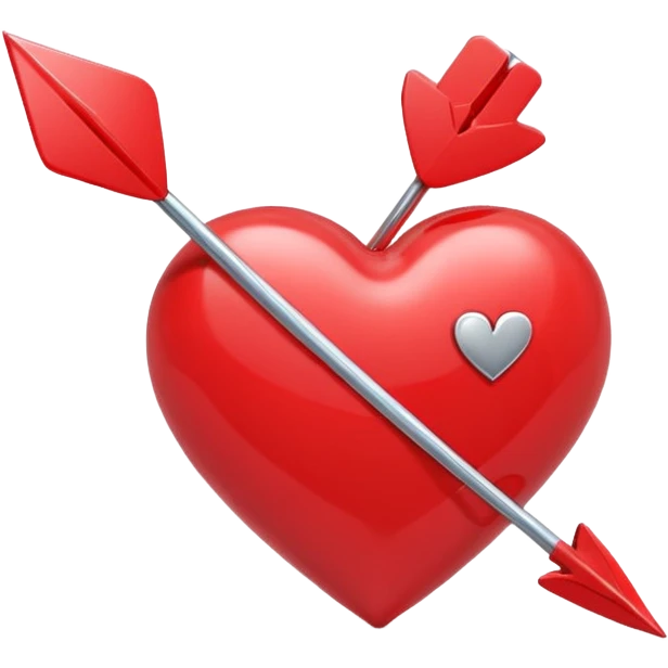Apple-style 3D illustration of a glossy red heart pierced by a horizontal double-ended arrow. One end of the arrow has a small female symbol, the other end has a small male symbol. The heart is centered, shiny, with soft shadows, floating on a clean white background, minimal and emotional design emoji