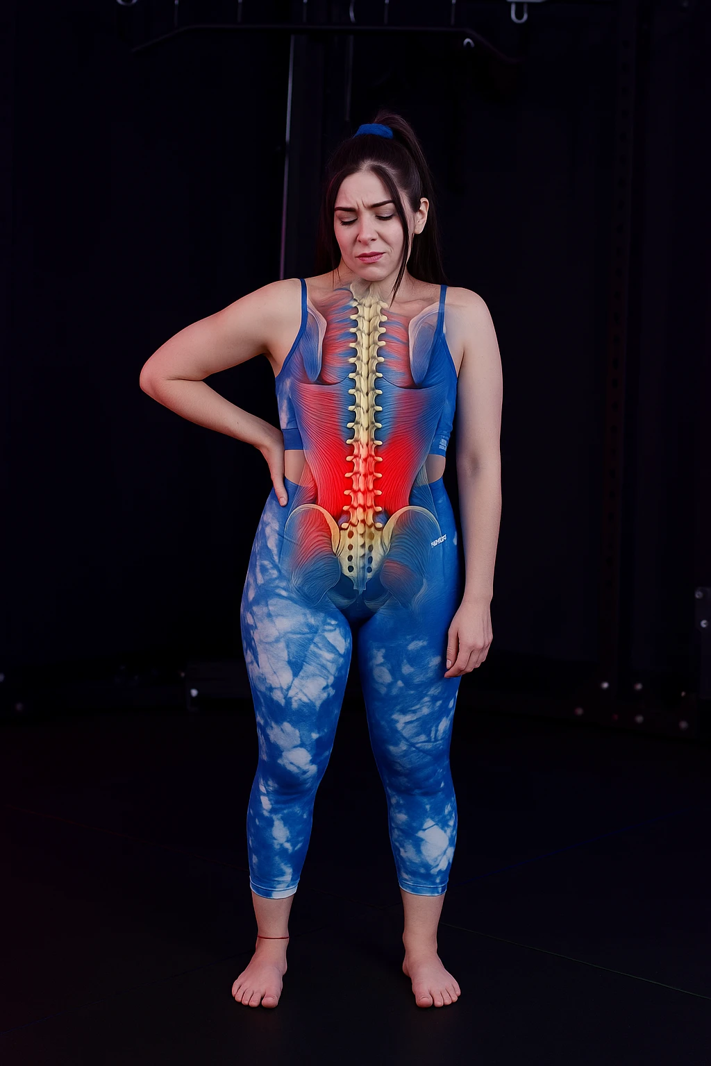 A woman with back pain, add an anatomically highlighted back on the body, variant 2, in a style suitable for editing and anatomical clarity. emoji