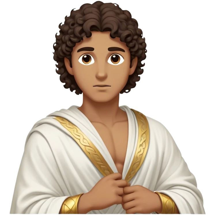 Cinematic Realistic Hercules Portrait, depicted as a classical Greek hero inspired by the Disney version yet echoing the refined proportions and serene dignity of Michelangelo's David. His idealized, tan skin glows with timeless strength, and his thick, curly wavy dark brownhair falls in natural, sculpted curls. Draped in a flowing white robe with delicate golden accents, his expressive eyes radiate determined nobility, all rendered under dynamic natural lighting with a mythic, radiant glow. emoji