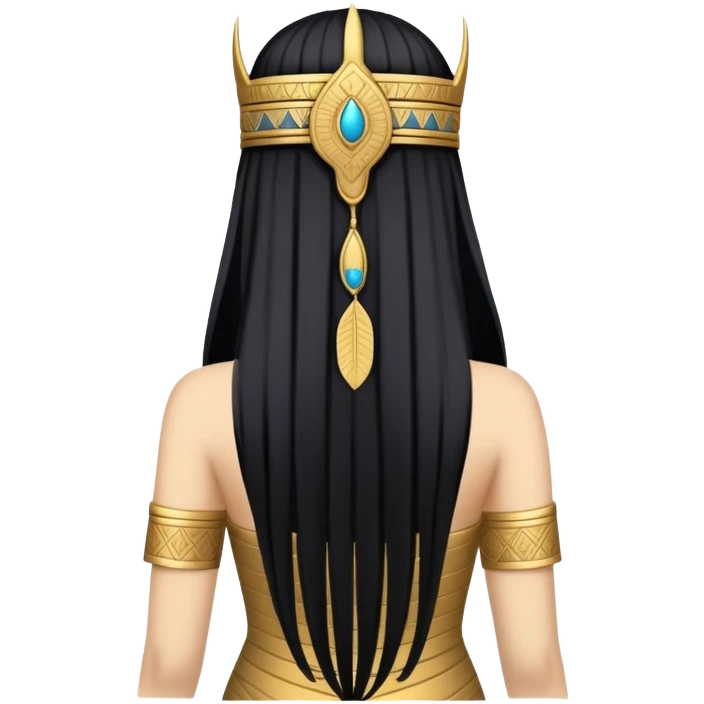back view of Anunnaki goddess Inanna with long flowing black hair and Mesopotamian cuneiform symbols on her royal attire emoji