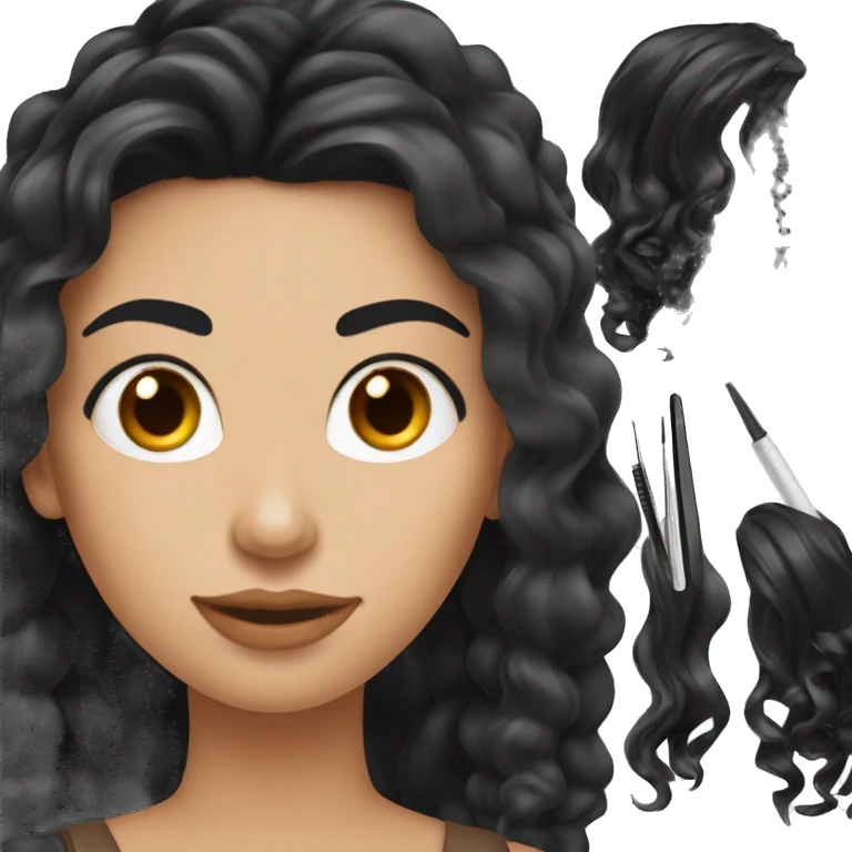 eyebrow styling holding tweezers this woman has long black wavy hair and white skin emoji