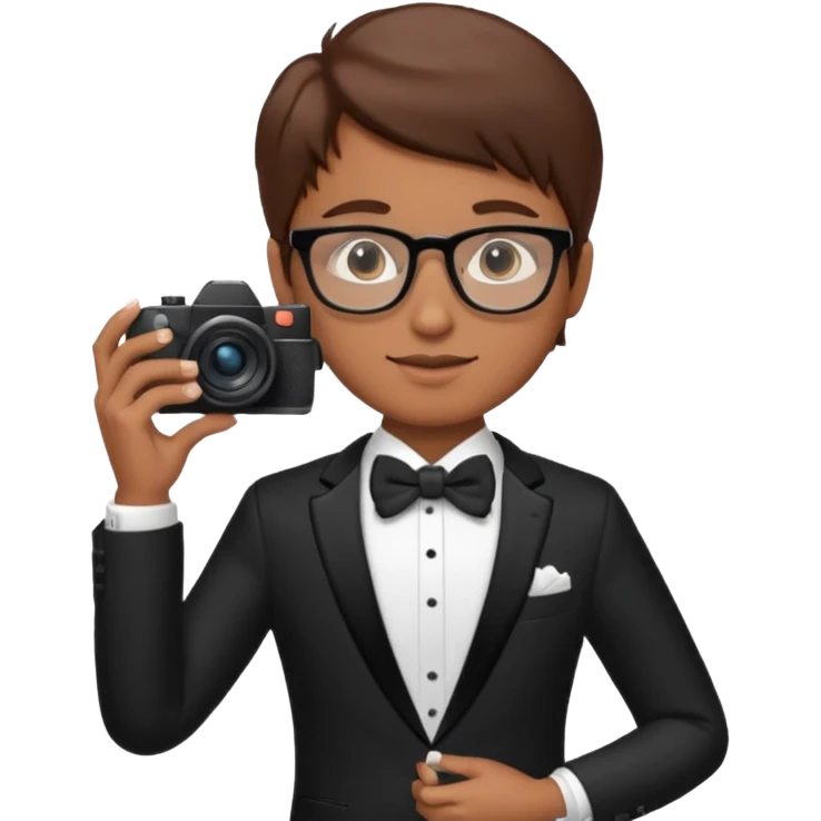 Un fotógrafo con pelo moreno, gafas, cámara en la mano derecha, fotografiando una boda emoji