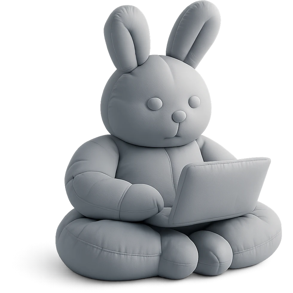 gray bunny sitting cross-legged with laptop in cushion style emoji