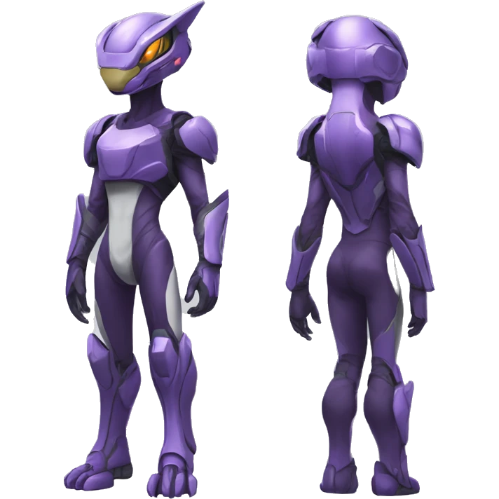 A Reptile-Raptor-Genesect-Mewtwo-Fakémon with a futuristic visor-helmet, wearing a techwear-suit Full Body emoji