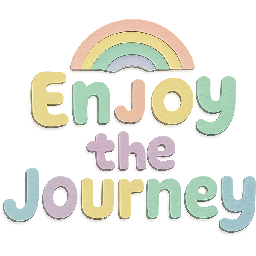 "Enjoy the Journey" soft pastel rainbow chubby cute lettering, kawaii sticker text, no outline, transparent background emoji