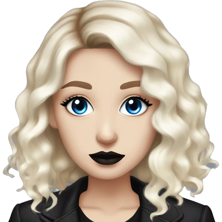 Slavic adult woman, goth eyes makeup, pink lips, blue eyes, medium bob black-to-blonde ombre wavy hair, white T-shirt and black office jacket. emoji