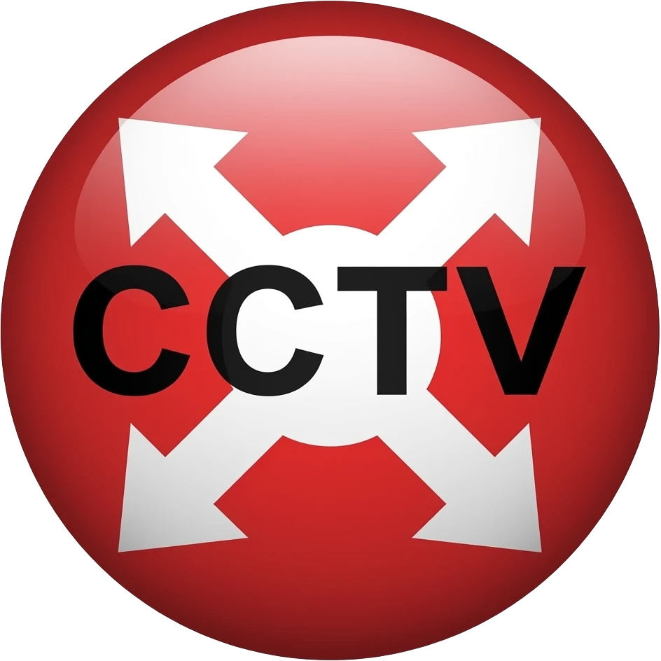 Red filled circle with white X and arrow on all end points on the X white circle in the middle. Big bold CCTV word in the centre in black emoji