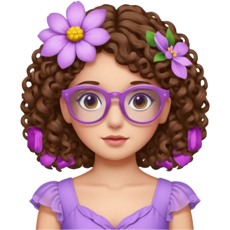 Menina branca de cabelo cachado castanho partido de lado com uma flor no cabelo  e vestido lilás com um óculos rosa claro emoji
