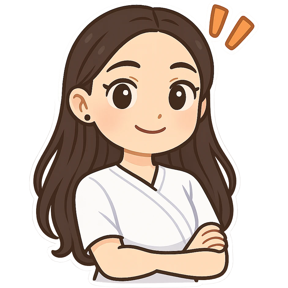 3D chibi bitmoji style sticker of the girl from the reference image, with long dark hair and wearing a white medical top, showing a kind and smart face with exclamation marks, with a white outline and transparent background. emoji