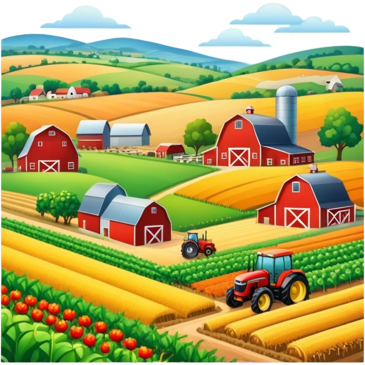 colorful rural landscape, inspired by farming simulators like Farming Simulator 22. The design shows fields, tractors, and barns, with vibrant crops and animals in the background. The peaceful farming scene symbolizes the immersive experience of managing a farm, with a transparent background emoji