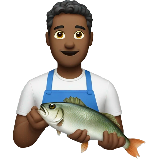 guy in a blue apron holding a fish emoji