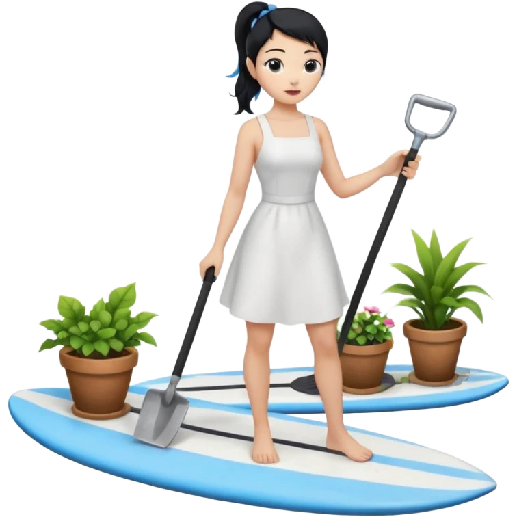 Princess who wearing white dress (woman) black ponytail hair holding her cellphone and  one garden iron shovel with another hand. there is one blue surfing board under her feet. She is looking at her phone. emoji