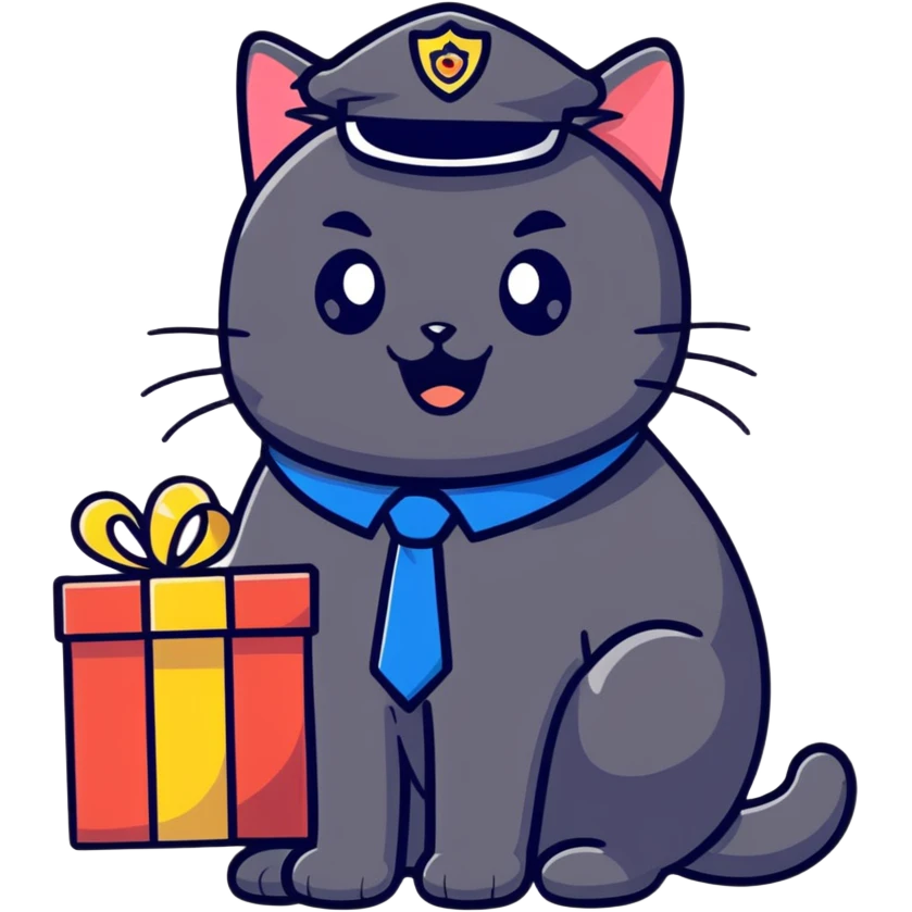 black cat police chief receiving birthday gift, surprised expression, cartoon style, suitable for emoji sticker emoji