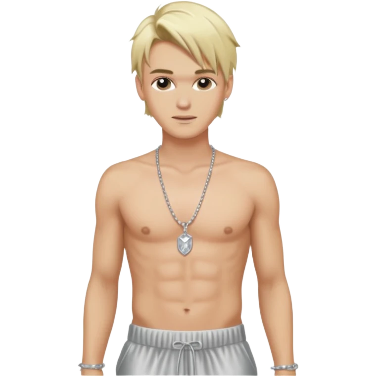 Aaron Carter with blonde hair, silver silk baggy pants, shirtless with necklace  emoji