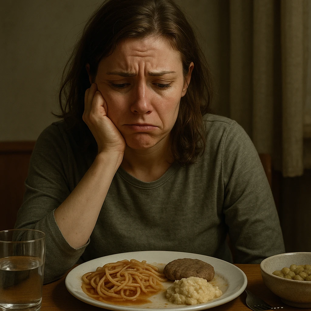 hyper realistic woman with a frustrated or discouraged expression, feeling discomfort, sitting in front of unappealing food, detailed realistic scene, atmosphere of unease emoji