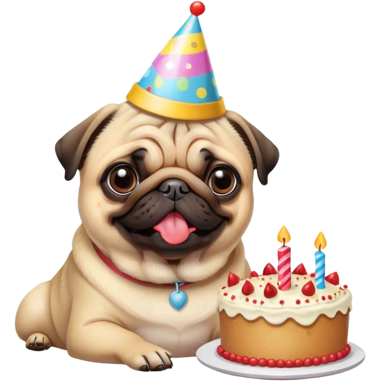 Pug with a birthday hat & a 15 year-old birthday cake eating chicken. emoji