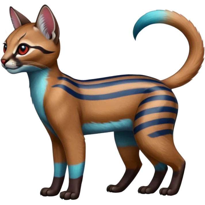 Colorful shiny striped blue with red markings tropical glorious iridescent divine exotic cute cool beautiful realistic caracal-civet-genet-sergal-vernid-Cacomistle-Trico-oncilla-animal-Fakémon-hybrid-fursona (full body) emoji