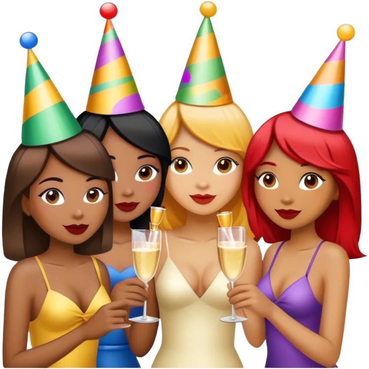 1 light brown girl, 1 dark brown girl, 1 asian girl, partying emoji