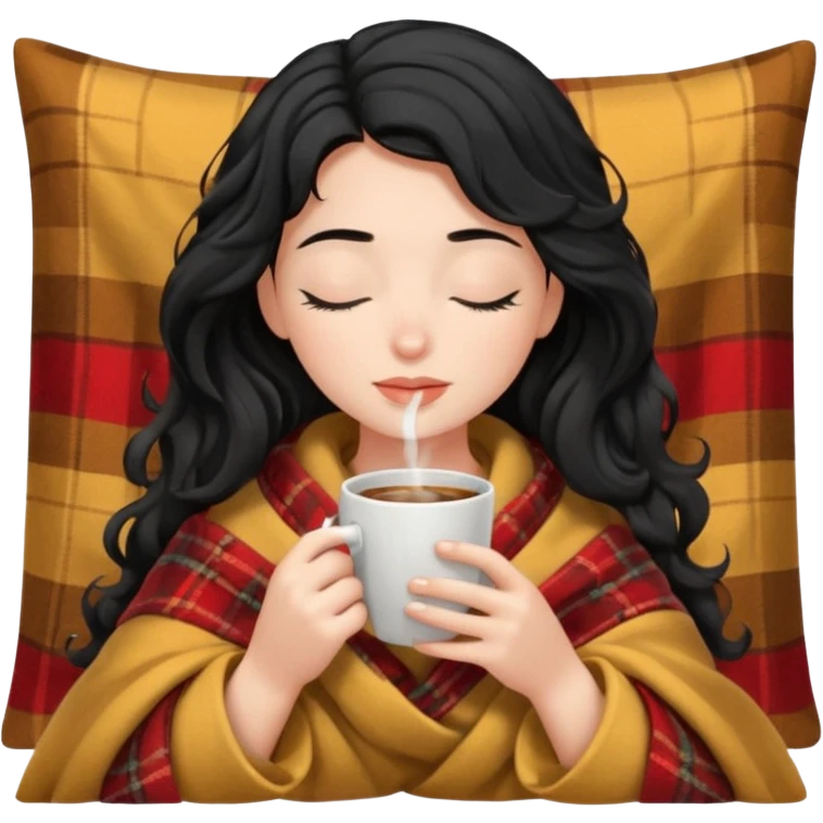 girl black hair wavy inside a blanket sipping coffee eyes closed emoji