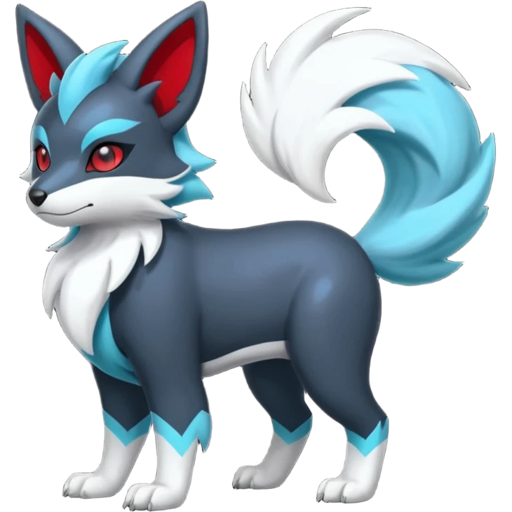 Shiny black with white, grey and red and cyan Linoone-Absol-Zorua-Trico-Hybrid (Full body) emoji