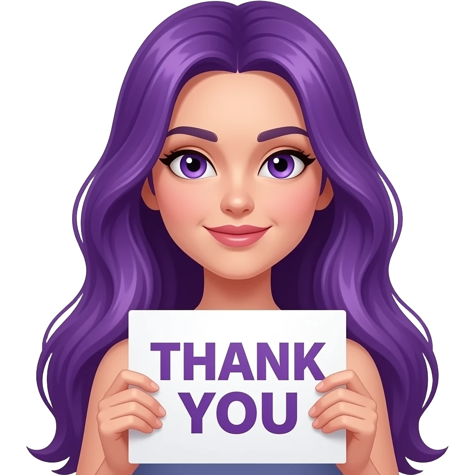 sexy girl with long purple hair and purple eyes holding a THANK YOU sign emoji