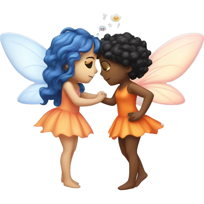 two fairies kissing, one is pale white and has a pink dress and her hair is orange, and other is with curly black hair and a blue dress emoji