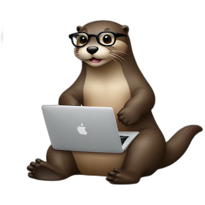 otter with eyeglasses leaning against a pillow while using a macbook emoji