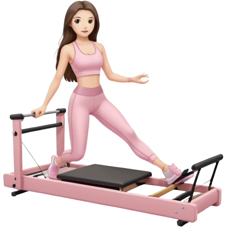 pretty white brunette teen long hair with hazel eyes and a small waist in light pink workout clothes on a pilates reformer emoji