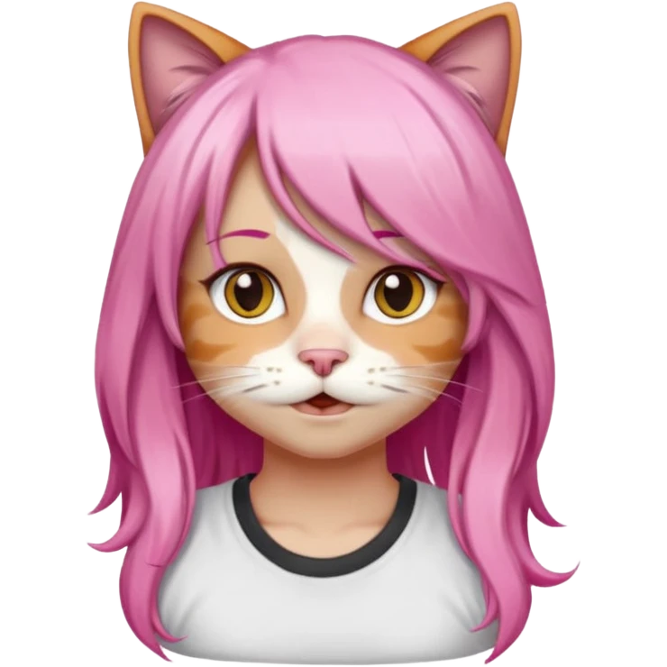 calico cat wear long pink hair wig, white T-shirt emoji