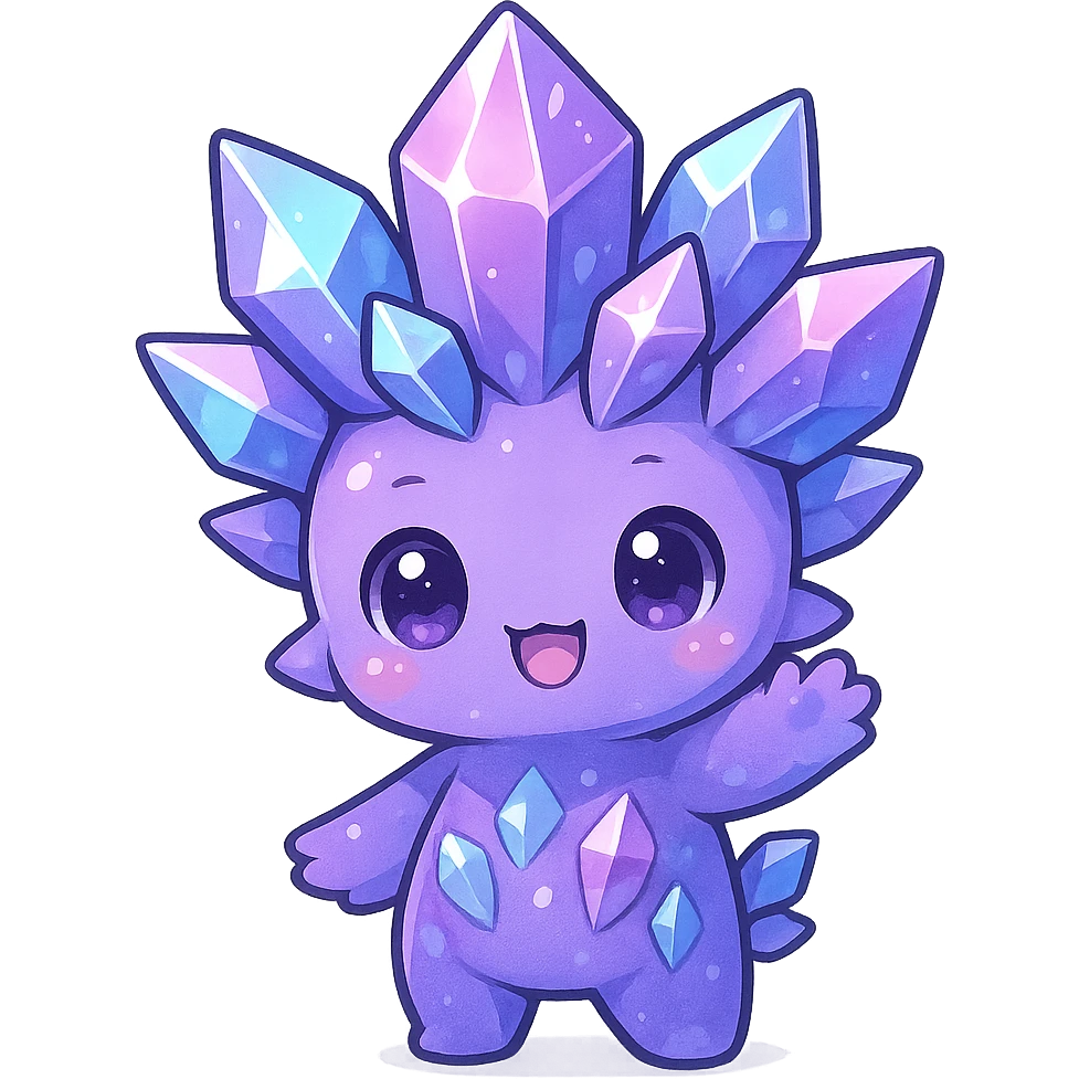 kawaii chibi style crystal sprite creature, purple, blue, and pink, waving pose, shiny crystals emoji