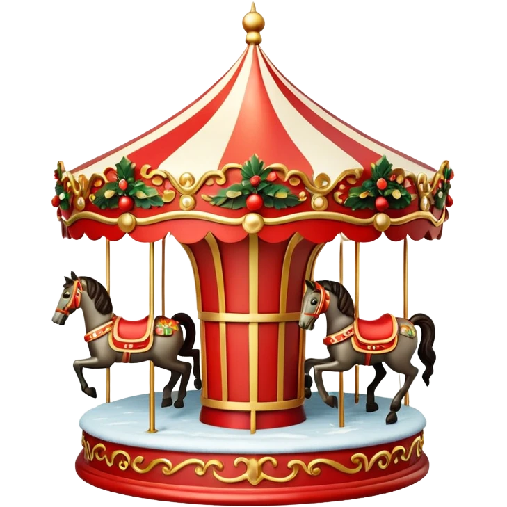 Apple iOS style 3D emoji icon of a vintage Moscow Christmas carousel.
Round ornate roof with red and gold patterns, miniature horses, decorated with glowing warm light garlands and light dusting of snow. Smooth glossy plastic texture, high-end 3D render, vibrant festive colors, resolution. emoji