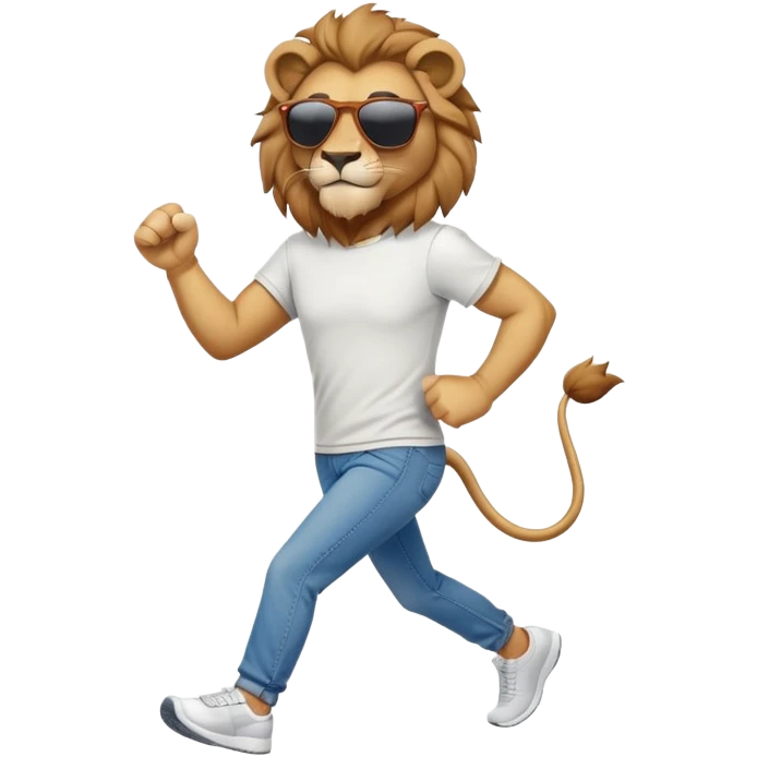 friendly anthropomorphised lion in jeans and a t-shirt, wearing dark sunglasses, jogging upright in standard pose emoji