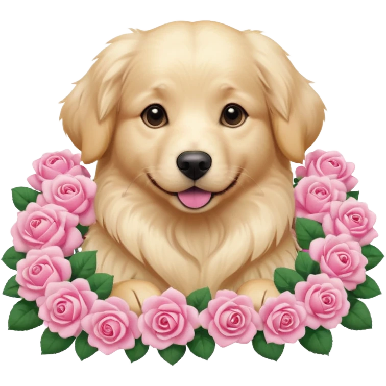 white dog laying on pink roses emoji