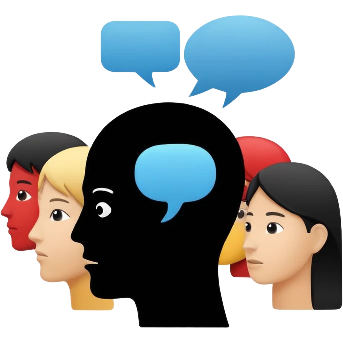Minimalistic flat vector icon, iOS style, thin black contour on white background. Human head with speech bubble and small group of people silhouettes listening. Clean, no text, no shadows emoji