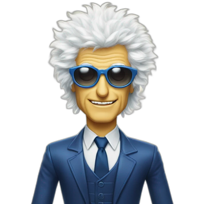 michel polnareff avec des lunettes de soleil blanches, des cheveux longs jaunes et raides, vieux, avec un costume bleu et expression de visage neutre emoji