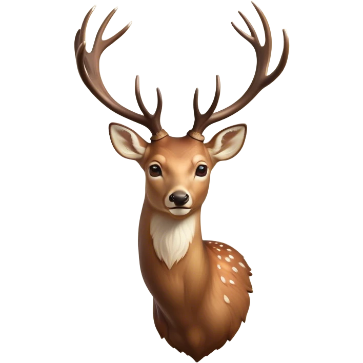 Cinematic Noble Deer Portrait Emoji, Poised and regal, with a graceful, slender build and a dappled Fur of warm browns and creams, elegant antlers crowning its head, deep-set soulful gentle eyes, Simplified yet sharp and sophisticated features, highly detailed, glowing with a soft, dignified glow, high shine, intelligent and serene, stylized with an air of forest majesty, focused and attentive, soft glowing outline, capturing the essence of a watchful woodland guardian, so majestic it feels as though it could gracefully leap out of the screen with effortless authority! emoji