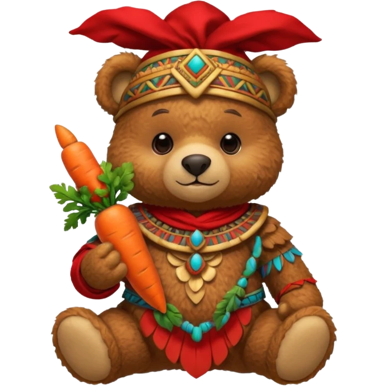 teddy bear Upper eat carrot , wearing red mayan ancient custome, half body emoji
