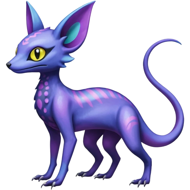 Rare epic aesthetic iridescent spooky gloomy colorful Salandit-Amaura-Espeon-Genet-species-Fakemon-hybrid-creature, with markings, full body emoji