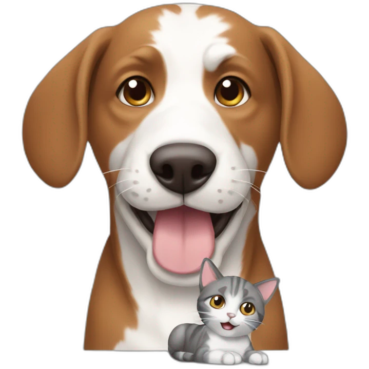 Brown dog playing with white and grey cat emoji