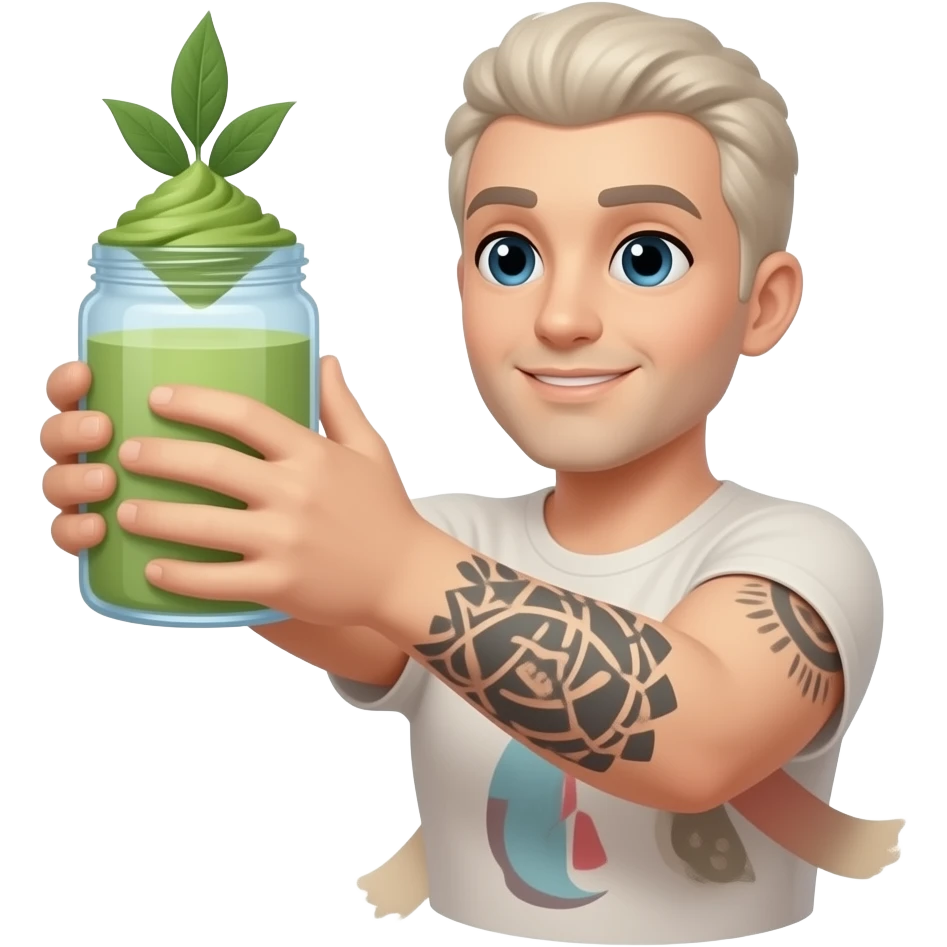 Labubus tatto on biceps holding matcha emoji
