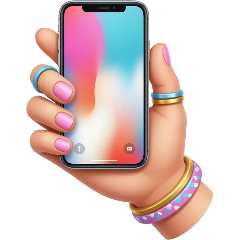 cute girls hand with pastel and pink nails, rings, and accessories. holding iphone with screen upwards emoji