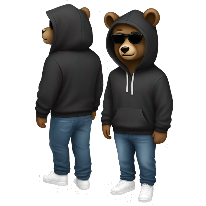 A bear wearing a hoodie and sunglasses with a good three-dimensional effect.Pants, jeans, hood color is black
Slightly wear sunglasses on your nose and make your head look down and your eyes look about two-thirds.
White sneakers emoji