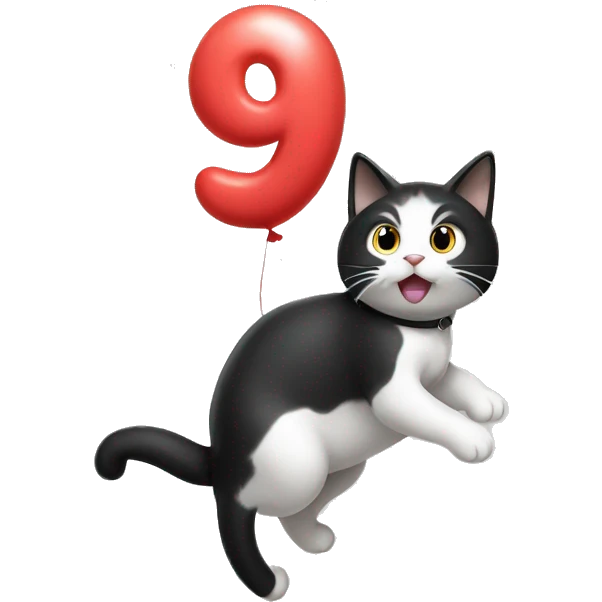 Black and white cat climbing on a balloon shaped like the number 9 emoji