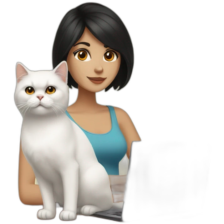 woman with black medium lenght hair and brown eyes with a laptop and a white and orange persian cat emoji