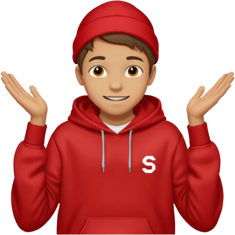 make me an emoji of an americain 15 yearold boy in a red hoodie that says "south" on it and give him with tan skin with his hands in his pockets with the sleevs pulled up grining with a jaw line emoji
