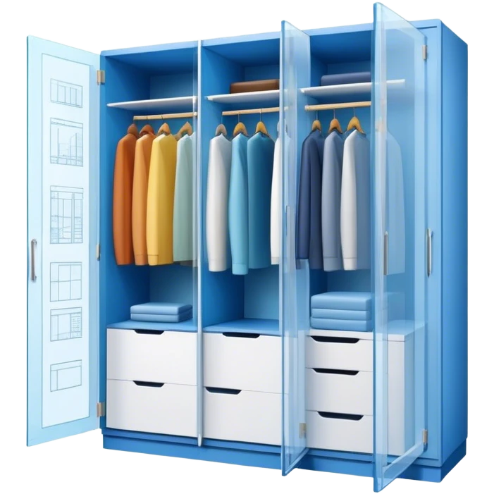 Icon for Furniture Design: a semi-transparent 3D wardrobe on top of a blueprint, with design metrics and measurements around it. The icon should represent the design and development process of furniture. Transparent background. emoji