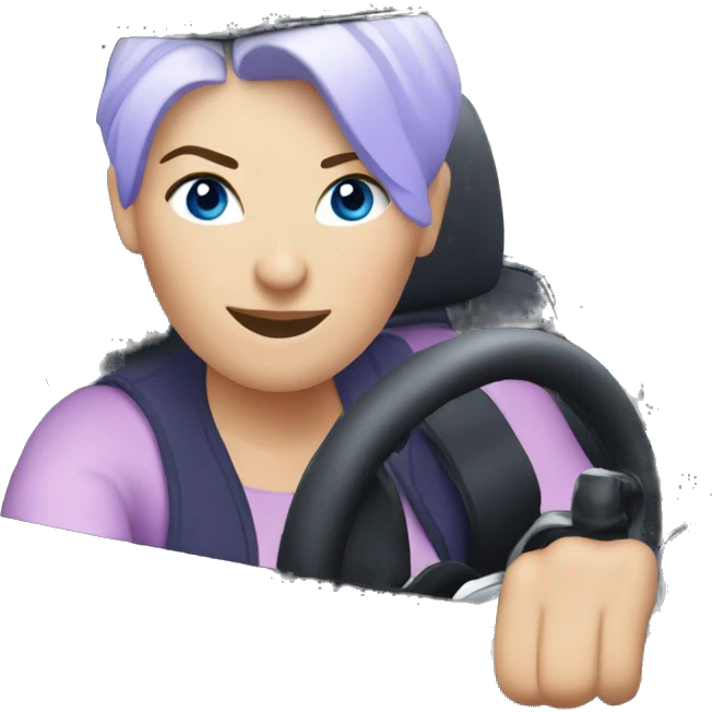 navy blue convertible Mini Cooper, with short, lilac colored haired, blue eyed white woman driving emoji