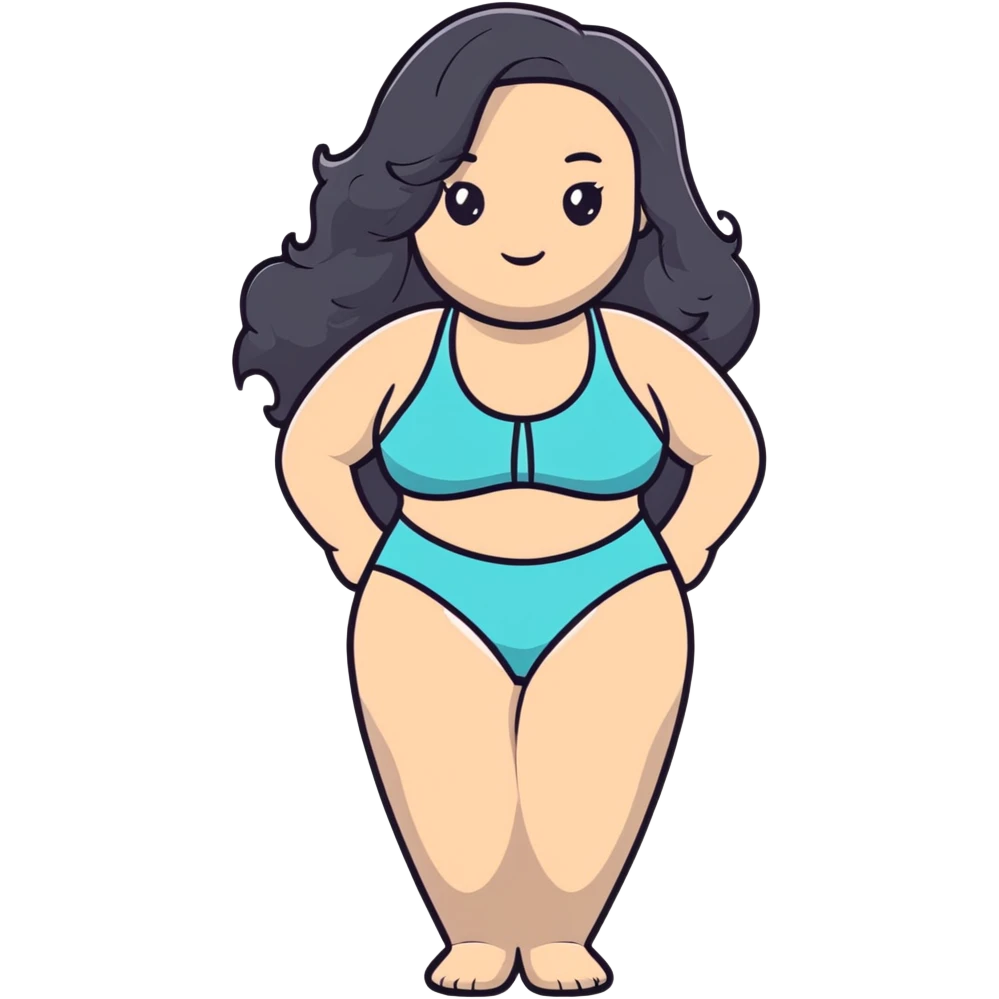 beautiful curvy woman with fair skin, long wavy black hair, and gray eyes in swimwear emoji